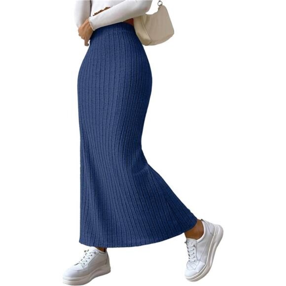 Women's Side Slit Ribbed Knit Bodycon Long Skirts Blue - Picture 1 of 5